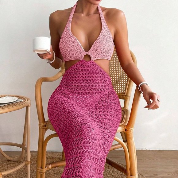 . Other - Multicolor Beach Womens Colorblock Ring Linked Cut Out Cover Up Dress